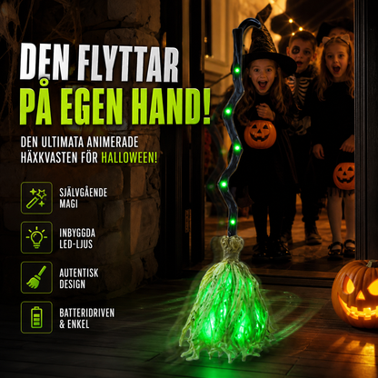 🎃 50 % RABATT NU! 🧹✨ Självrörande Halloweenkvast – Magisk Rörelse, Ljus & Ljud för Kuslig Halloweenstämning 👻