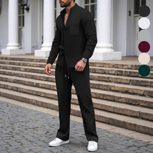 🎁56 % RABATT💥Herrkläder, vardagligt våffelskjortor och byxor, 2-delars set