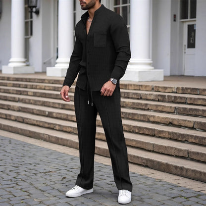 🎁56 % RABATT💥Herrkläder, vardagligt våffelskjortor och byxor, 2-delars set