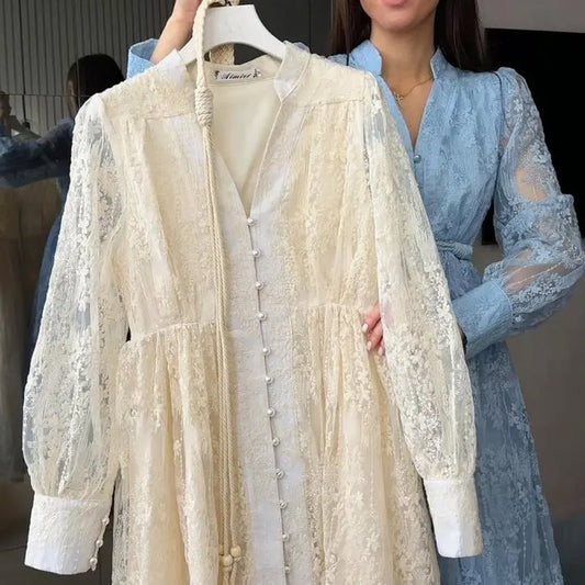 💥Hett tips💥 49% OFF✨✨Vintage broderad klänning med lanternärmar