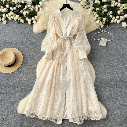 💥Hett tips💥 49% OFF✨✨Vintage broderad klänning med lanternärmar