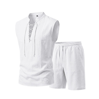 👕 50% RABATT! 🌿 Herr linne ärmlös snörnings-top & shorts set – Svalt linne, justerbar passform & perfekt för strand, festival eller heta sommardagar ☀️