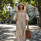 💃 Off-shoulder långklänning med lanternärmar – framhäver axlarna, döljer överarmarna & smickrar figuren, romantisk & chic 🌸