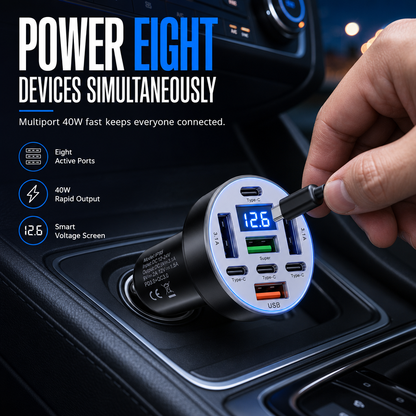 📢📢 50 % RABATT NU! ⏰🚗 40 W 8-i-1 snabbladdare för bil med digital voltmätare – 4 USB & 4 PD-portar ⚡️